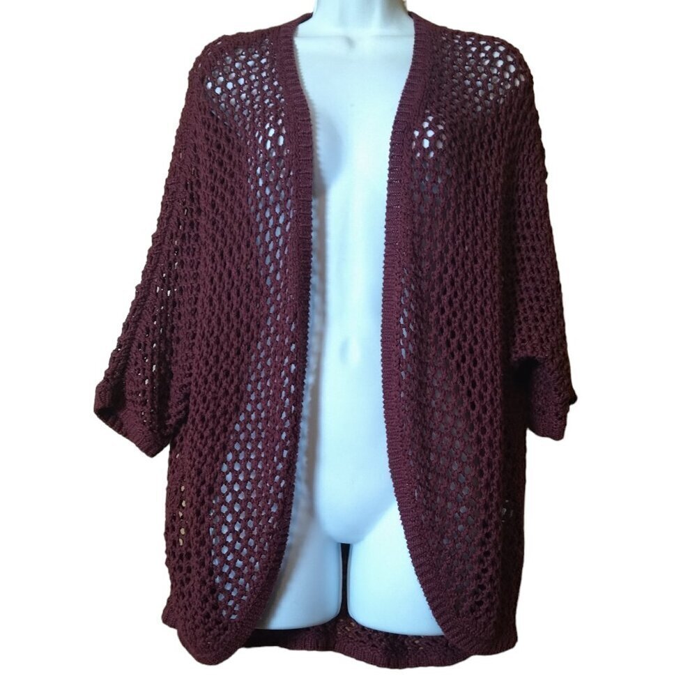 Garage Open Knit Open Front Short Sleeve Cardigan Burgundy Sweater Size XS-S